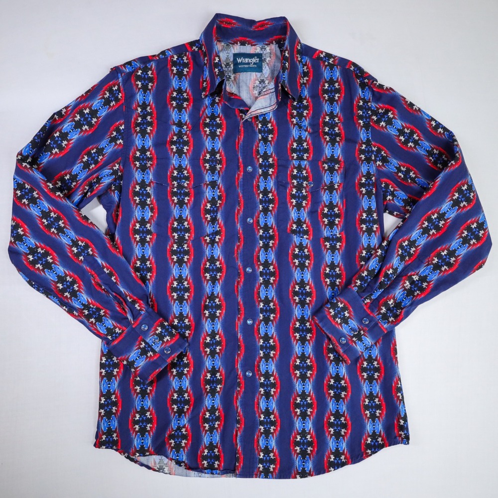 Wrangler Western Shirt Mens Medium Blue Red Aztec Geometric Pearl Snap Checotah